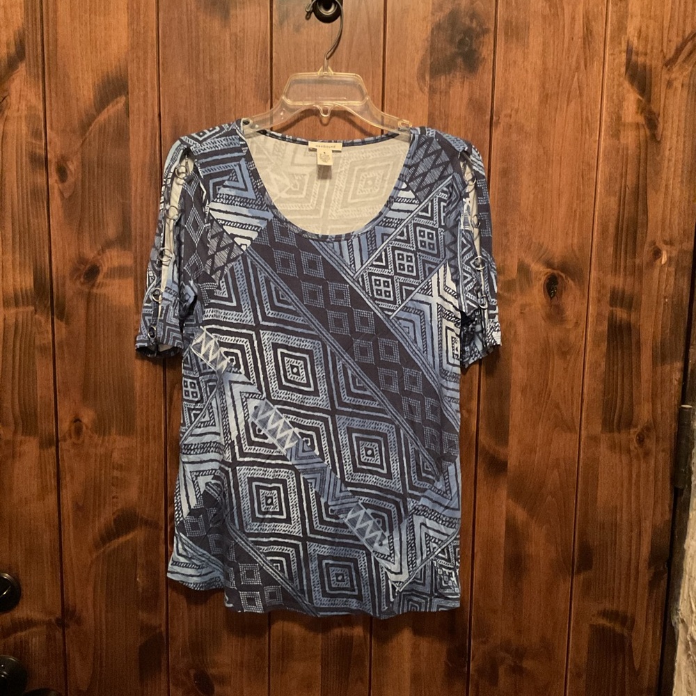 Westbound Blue Geometric Short Sleeve Scoop Neck Top